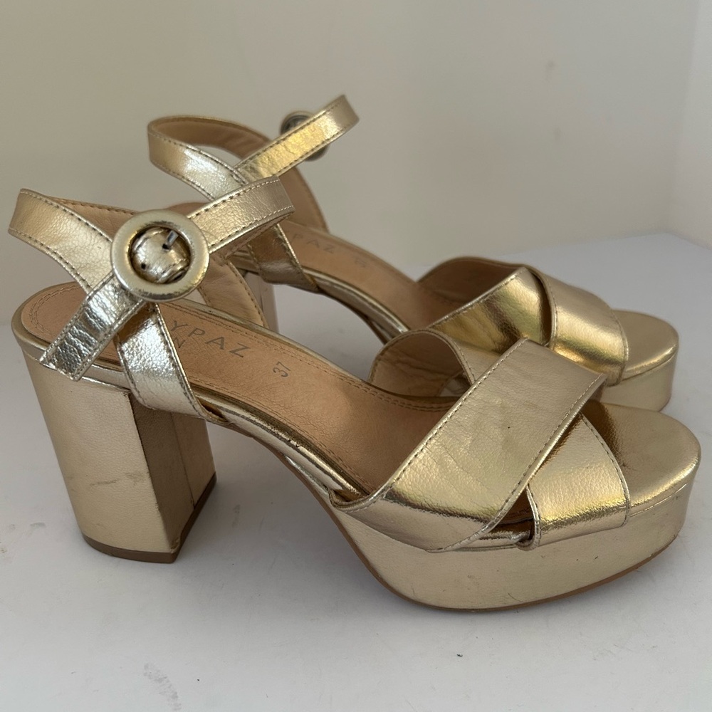 Gold Platform Block Heel Sandals - Women's Metallic Strappy Heels